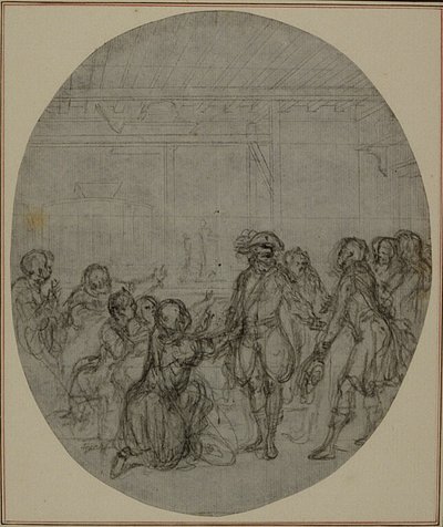 Étude pour une deuxième édition, jamais publiée, de "La Partie de Chasse de Henri IV" de Colle, Acte III, Scène 13 - Hubert Francois Gravelot