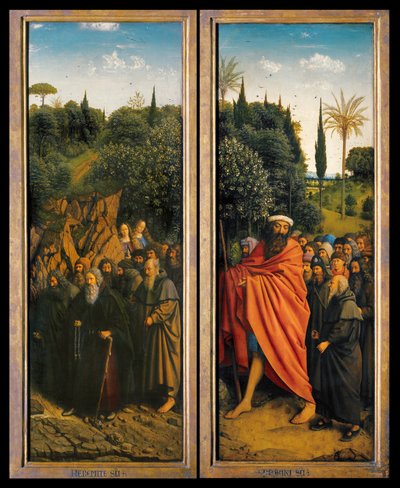 Les Ermites et les Pèlerins guidés par Saint Christophe du côté droit du Retable de Gand - Hubert & Jan van (1390 1441) Eyck