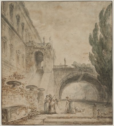 Un palais avec un pont voûté (Une villa romaine) - Hubert Robert