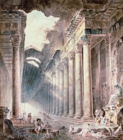 Un bâtiment thermal à colonnades, le toit partiellement ouvert au ciel, avec des filles lavant des vêtements - Hubert Robert