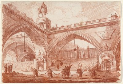 Fantaisie architecturale avec un pont triomphal, vers 1760 (craie rouge sur papier) - Hubert Robert