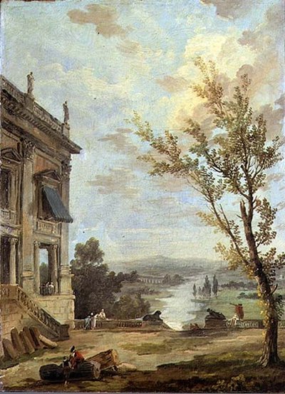 Paysage italianisant capricieux avec le Palazzo Nuovo du Capitole et des gens de qualité sur une terrasse, une rivière au-delà - Hubert Robert