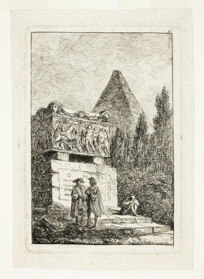 Paysage avec pyramide et sarcophage, planche six des Soirées de Rome - Hubert Robert