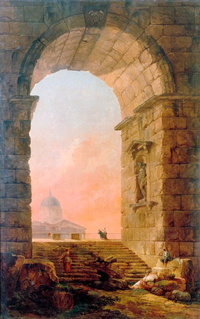 Paysage avec une arche et la basilique Saint-Pierre à Rome, 1773 - Hubert Robert