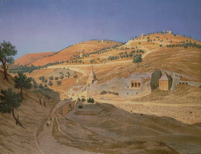Paysage vallonné avec des Arabes et un temple en ruine - Hubert Sattler