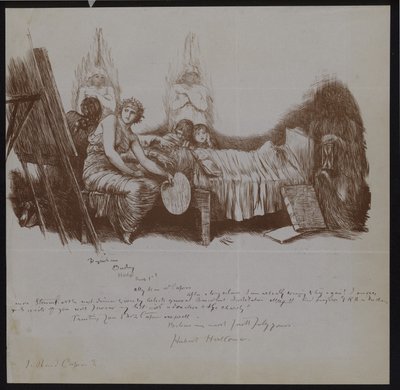 Scène de lit de mort avec des enfants et des figures allégoriques, y compris un artiste avec un chevalet - Hubert von Herkomer