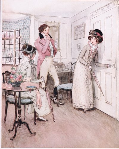 Mlle Henrietta et Mlle Fanny, encouragées par cette sympathie, se rapprochent de la porte de la chambre intéressante. - Hugh Thomson