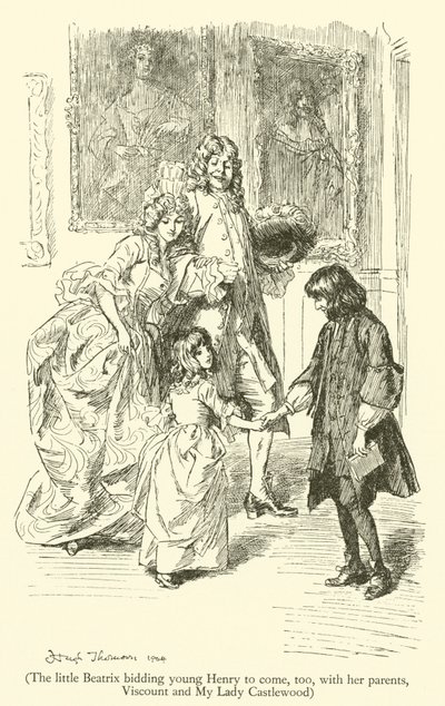 La petite Béatrix invitant le jeune Henry à venir aussi, avec ses parents, le vicomte et ma dame Castlewood - Hugh Thomson