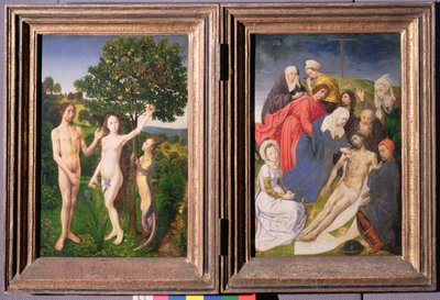 Diptyque : La Chute (Adam et Ève, serpent et pomme) et la Descente de Croix (après 1479) - Hugo van der Goes