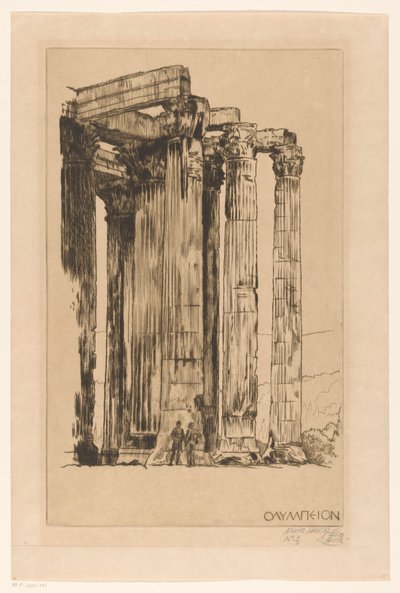 Olympieion avec deux hommes devant une colonne - Huib Luns (signed by artist)