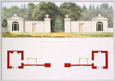 Élévation et plans au sol de la nouvelle entrée proposée et des pavillons, du Livre Rouge pour Antony House - Humphry Repton