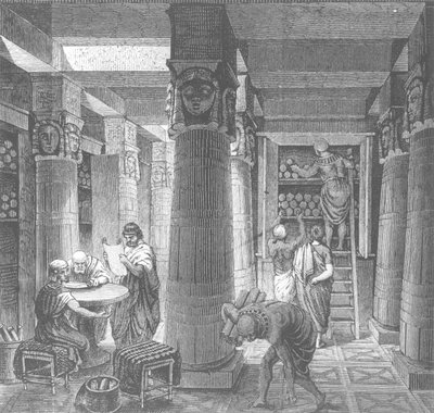 Recréation imaginaire de la bibliothèque de Ptolémée à Alexandrie, Égypte, tirée de Histoire Générale des Peuples, 1880 - Hungarian School