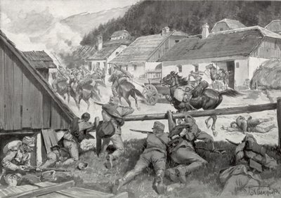 Des cosaques pillards surpris par des troupes hongroises dans un village hongrois - Hungarian School