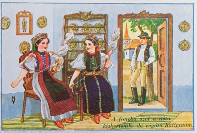 Carte postale représentant des femmes en costume traditionnel hongrois filant et chantant la chanson populaire Chante une chanson à la grenouille, vers 1940 - Hungarian School