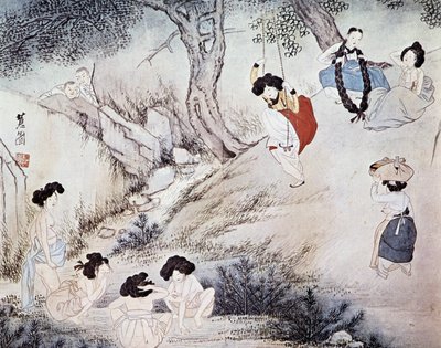 Femmes en plein air (bain dans la rivière et balançoire) et deux hommes les regardant, Kree - Hyewon