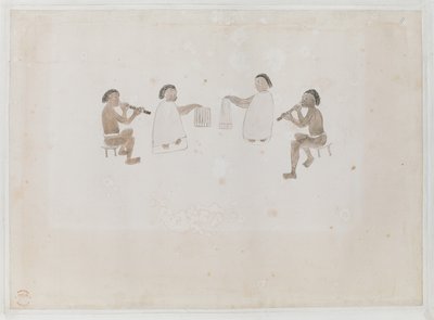 Musiciens de Tahiti. Quatre Tahitiens, deux habillés en mare jouant de la flûte nasale ; deux habillés en tiputa battant des tambours, enregistré dans le Journal de Joseph Banks I, 290 - I. F. Miller