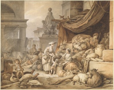 Scène de marché avec une sculpture fantastique - I Jean Baptiste Hüet