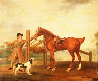 Un palefrenier menant un chasseur bai - I. Moore