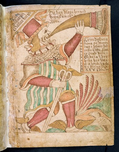 Heimdal soufflant dans son cor avant le Ragnarök, de Melsteds Edda - Icelandic School