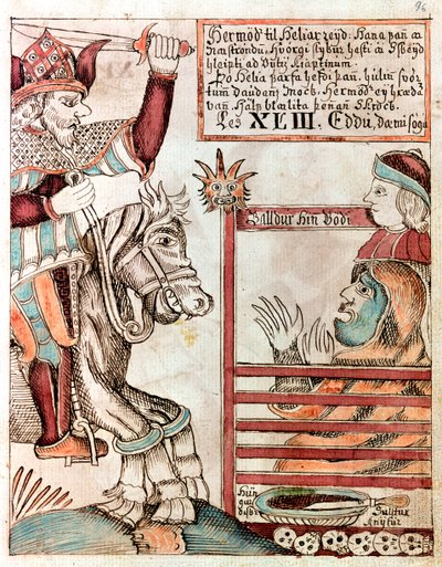 Hermod à califourchon sur Sleipnir, le célèbre cheval à huit jambes de son père, aux portes barrées du Royaume de Hel - Icelandic School