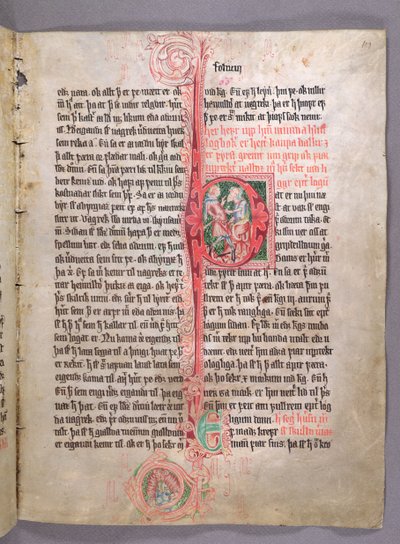 Initiale historiée P représentant deux commerçants, du début de la section sur le commerce, de Skarosbok (Le Livre de Skard) c.1350 - Icelandic School