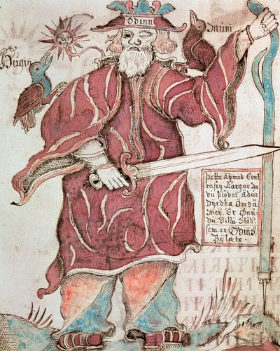 Odin, avec ses deux corbeaux, Hugin (pensée) et Munin (mémoire) - Icelandic School