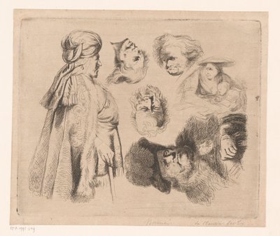 Composition avec homme oriental, femme avec enfant et quatre têtes d
