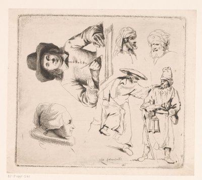 Composition avec homme écrivant, tête de femme et quatre figures masculines - Ignace Joseph de Claussin