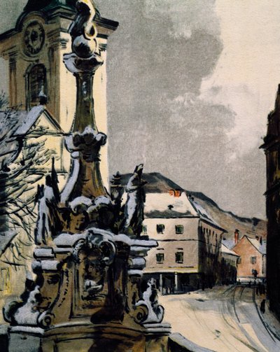 Vue de Hainburg an der Donau, Autriche, ville où Franz Joseph Haydn a étudié la musique entre 1738 et 1740, Gravure par Igo Potsch pour célébrer le centenaire de la mort du musicien - Igo Potsch