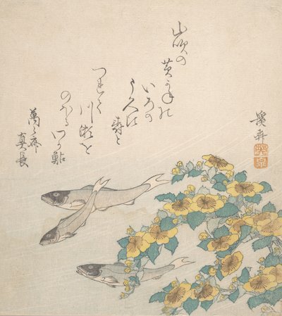 Poissons nageant avec des fleurs jaunes, vers 1830 - Ikeda Eisen
