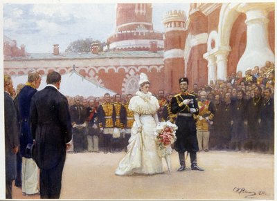 Nicolas II (1868-1918) et son épouse, Alexandra Fedorovna (1872-1918), recevant les anciens du district rural, le 18 mai 1896, dans la cour du palais Petrovsky à Moscou - Ilya Efimovich Repin