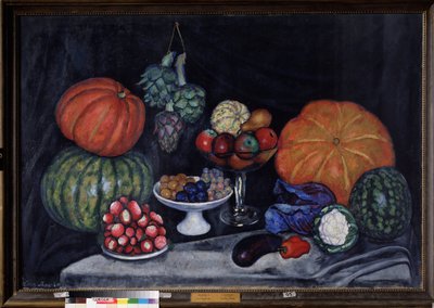 Légumes. Nature morte avec citrouilles, artichauts, prunes, raisins, pommes, poire, aubergine, poivron, chou, chou-fleur et pastèque - Ilya Ivanovich Mashkov
