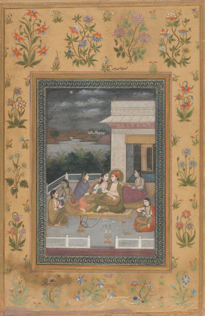 Un couple sur une terrasse entouré de serviteurs et de musiciens - Indian 18th Century
