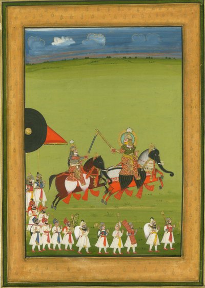 Rajah et son fils sur des chevaux déguisés en éléphants, et suite d