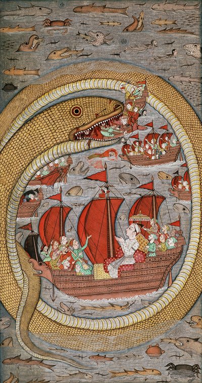 Un serpent monstrueux dévorant la flotte royale, vers 1670-1690 - Indian School