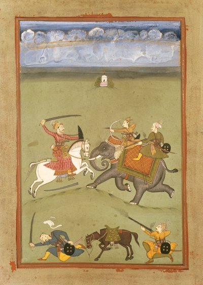Un prince combattant ses ennemis sur un éléphant, vers 1710 - Indian School