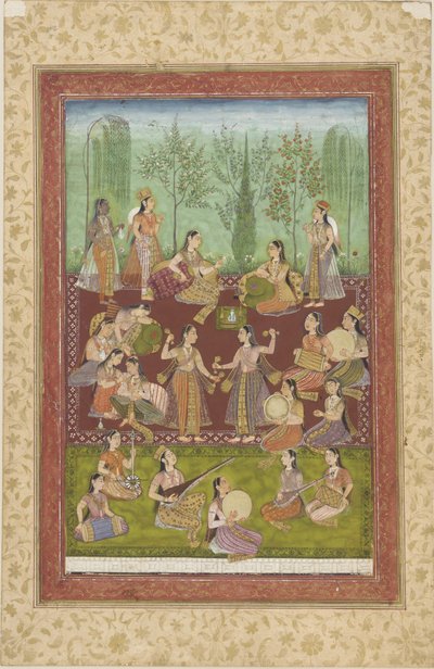 Un groupe de femmes dans un jardin, se divertissant avec de la musique et de la danse - Indian School