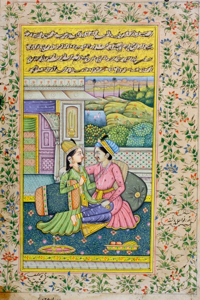 Un homme courtise une femme dans un cadre luxueux, peinture miniature rajasthani - Indian School