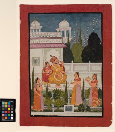 Un raja sur une terrasse avec sa rani, assisté par trois femmes - Indian School