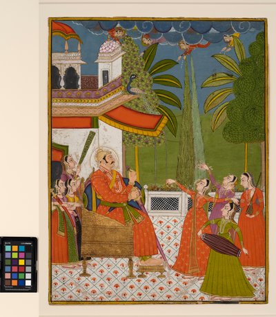 Un raja sur un trône diverti par des danseurs et des musiciens - Indian School