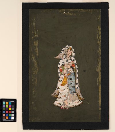 Une femme debout en sari blanc à motifs floraux, une cape à motifs de plumes de paon - Indian School