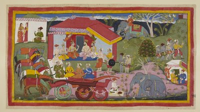 Dans une scène de campement, Guha le roi Nishada est introduit dans la réunion des princes, des brahmanes et des ministres. Les chevaux, dételés des chars, se tiennent en ligne attachés et entravés, tandis qu