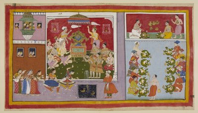 Grâce à ses pouvoirs magiques, Bharadvaja a conjuré un palais dans un jardin de plaisance pour le divertissement et le rafraîchissement de ses invités. Bharadvaja et les autres ascètes et brahmanes sont assis dans la salle du trône, tandis que les deux pri - Indian School