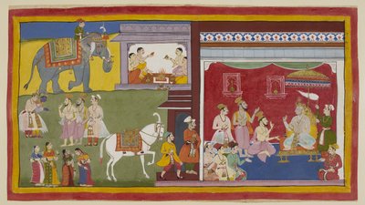 Dasaratha, trônant en durbar, dit aux brahmanes Vasistha et Vamadeva et à son ministre Sumantra son intention de céder son trône à Rama comme régent; à gauche, ces trois convoquent Rama et Laksmana. Au-dessus, quatre brahmanes commencent. - Indian School
