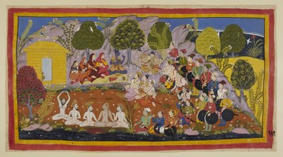 Rama est assis sur un tapis face aux deux frères, avec les trois reines et Sita à sa droite. Bharata continue d