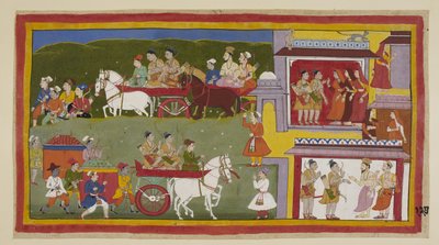 La procession retourne à Ayodhya, le long du bas de la peinture, la ville désolée et abandonnée étant le repaire des chats et des hiboux. Bharata et Shatrughna prennent congé des reines et disent à Vasistha qu