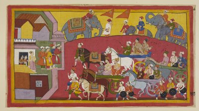 Les chars de Vasistha et des princes, accompagnés de divers ministres et personnes, entrent dans la ville de Nandigrama - Indian School
