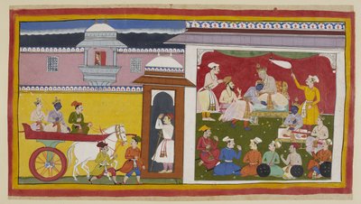 Sumantra amène Rama et Laksmana en char à la salle du durbar de Dasaratha, avec une femme regardant d