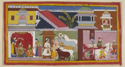 À droite, Rama quitte le palais de Dasaratha dans un char pour retourner à son propre palais, tandis que le roi, au-dessus, regarde par une fenêtre jharokha tapissée son fils partant ; à gauche, des hommes apportent la nouvelle de l