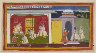 Add 15296 (1) f.31r, Rama et Laksmana à droite, avec Rama maintenant changé en costume de cour contemporain, approchent de la porte du palais de Kaikeyi et, laissant leurs sandales à la porte, entrent dans la salle d